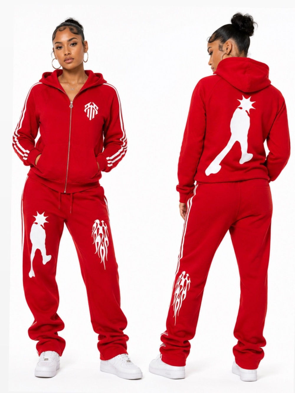 Red Graphic Zip-Up Hoodie & Joggers Set - Women